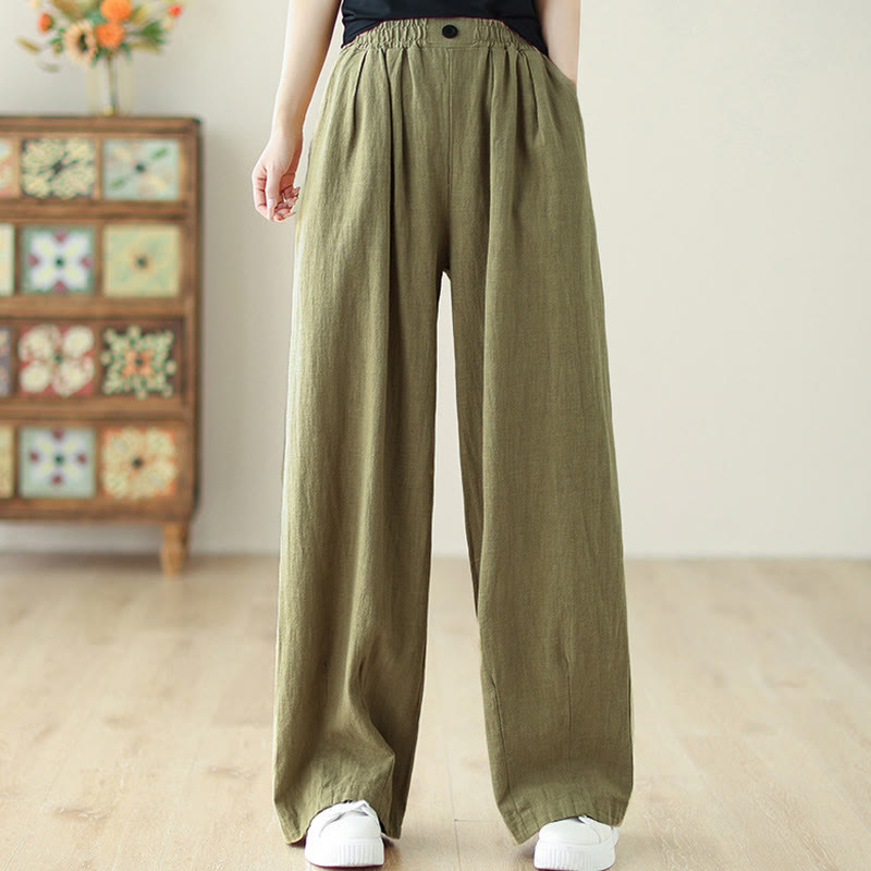 Buddha Stones Commute Button Design Women's Cotton Linen Elastic Waistband Pants With Pockets - image 4