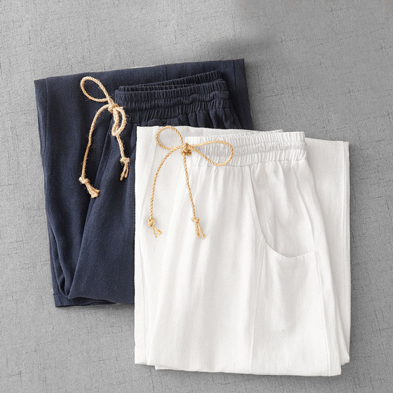 Buddha Stones Casual Pure Color Drawstring Simple Design Women's Cotton Pants With Pockets - image 17