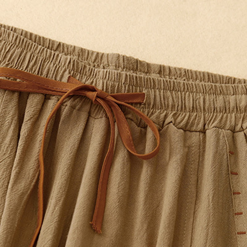 Buddha Stones Casual Side Slits Design Cotton Linen Women's Wide Leg 7-8 Length Pants With Pockets - image 1