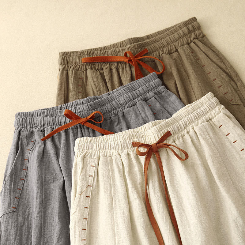 Buddha Stones Casual Side Slits Design Cotton Linen Women's Wide Leg 7-8 Length Pants With Pockets - image 15
