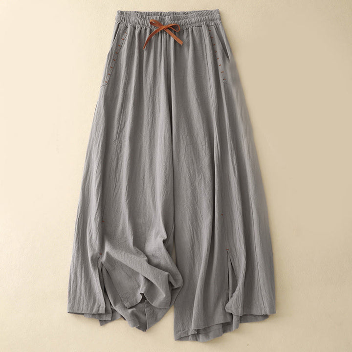 Buddha Stones Casual Side Slits Design Cotton Linen Women's Wide Leg 7-8 Length Pants With Pockets - DarkGray - US8-10，UK/AU12-14，EU40-42 (2XL) - image 10