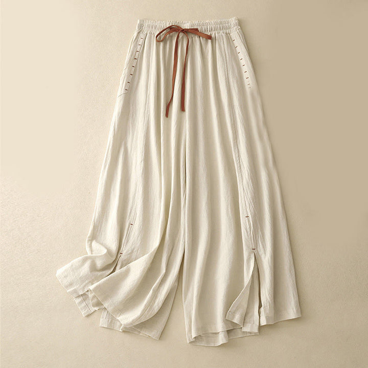 Buddha Stones Casual Side Slits Design Cotton Linen Women's Wide Leg 7-8 Length Pants With Pockets - Cornsilk - US8-10，UK/AU12-14，EU40-42 (2XL) - image 3