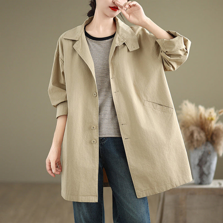Buddha Stones Spring Plain Buttons Design Long Sleeve Women's Cotton Linen Jacket With Pockets - Beige - US12，UK/AU16，EU44 (XL) - image 1
