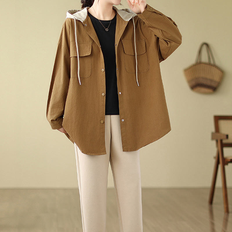 Buddha Stones Casual Commute Drawstring Hoodie Women's Cotton Linen Jacket With Pockets - image 12