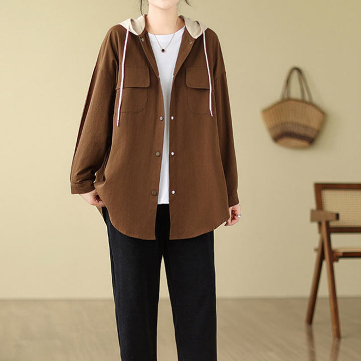 Buddha Stones Casual Commute Drawstring Hoodie Women's Cotton Linen Jacket With Pockets - image 6