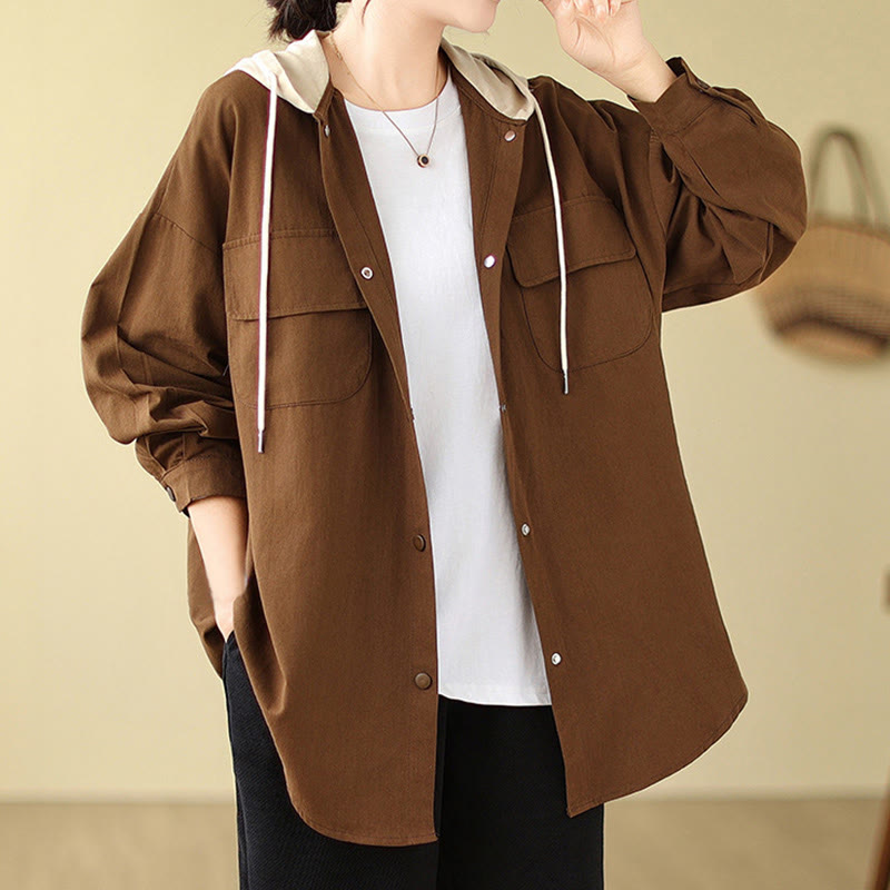 Buddha Stones Casual Commute Drawstring Hoodie Women's Cotton Linen Jacket With Pockets - image 5