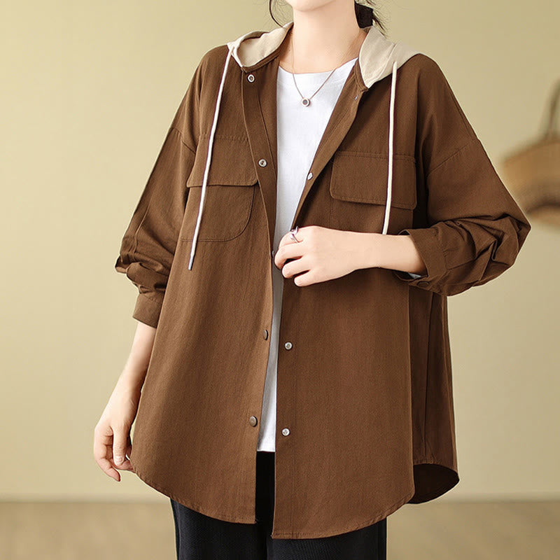Buddha Stones Casual Commute Drawstring Hoodie Women's Cotton Linen Jacket With Pockets - image 3