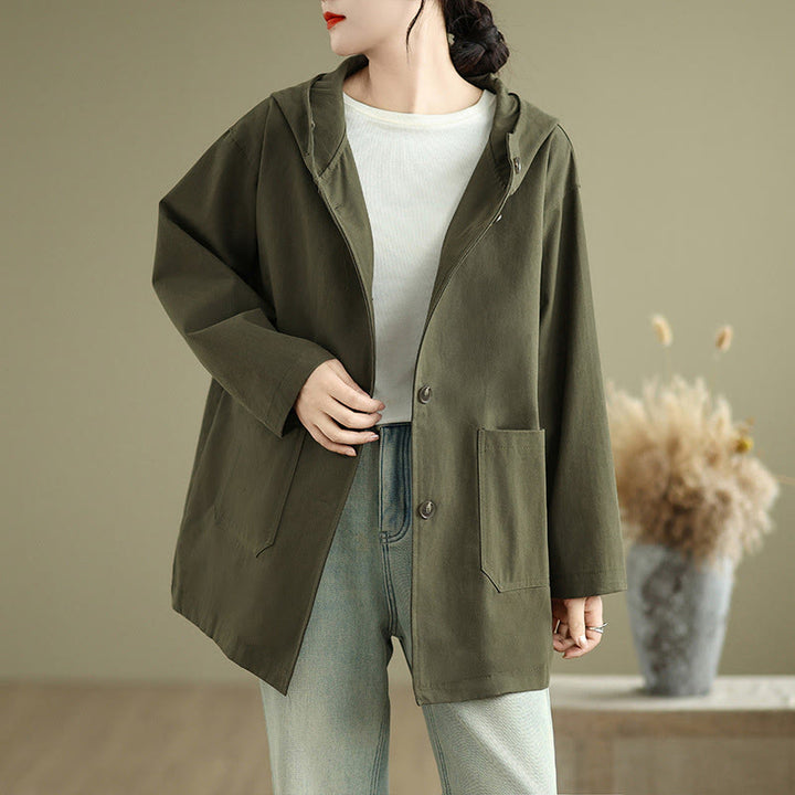 Buddha Stones Fall Vintage Hoodie Women's Cotton Linen Jacket With Front Pockets - OliveDrab - US12，UK/AU16，EU44 (XL) - image 1