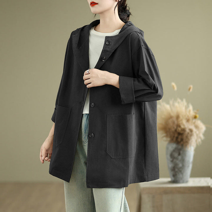 Buddha Stones Fall Vintage Hoodie Women's Cotton Linen Jacket With Front Pockets - Black - US12，UK/AU16，EU44 (XL) - image 17