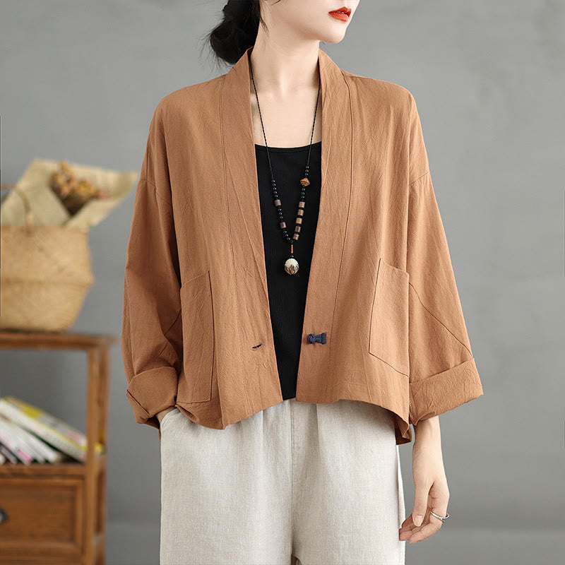 Buddha Stones Casual Vintage Plain Long Sleeve Open Front Cardigan Cotton Linen Jacket With Pockets - Peru - US14，UK/AU18，EU46 (2XL) - image 1