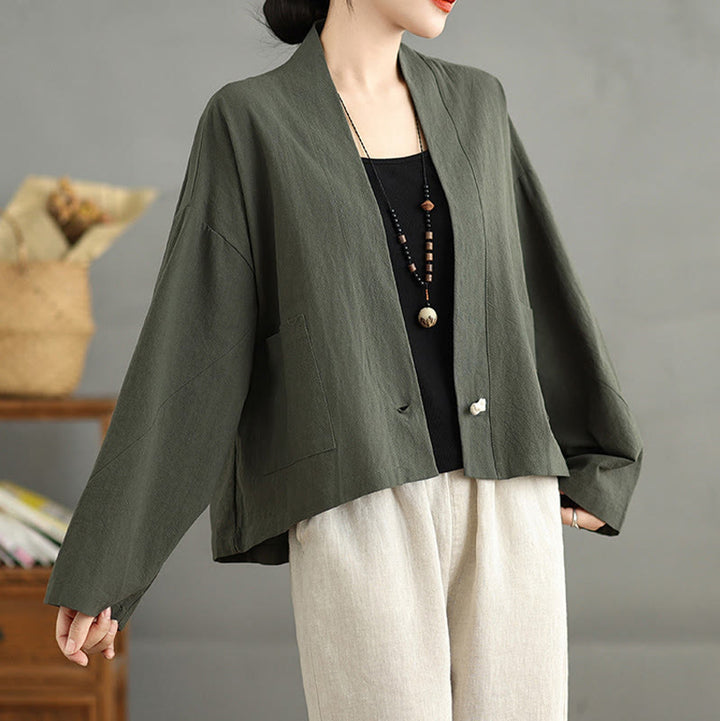Buddha Stones Casual Vintage Plain Long Sleeve Open Front Cardigan Cotton Linen Jacket With Pockets - image 15