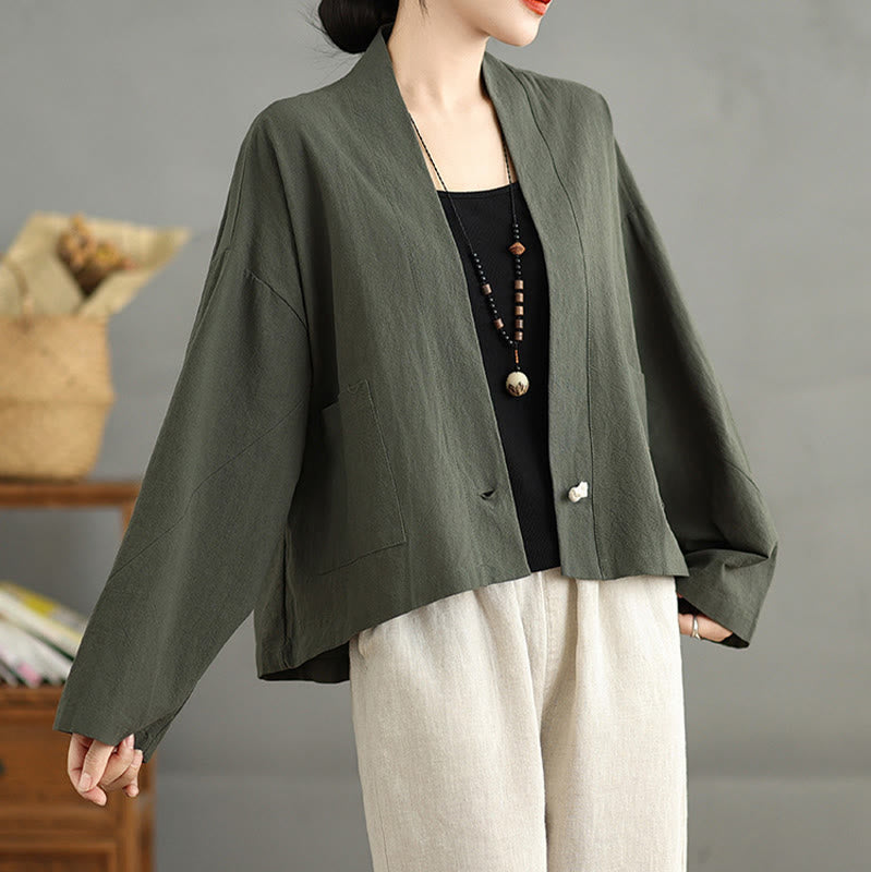 Buddha Stones Casual Vintage Plain Long Sleeve Open Front Cardigan Cotton Linen Jacket With Pockets - image 16
