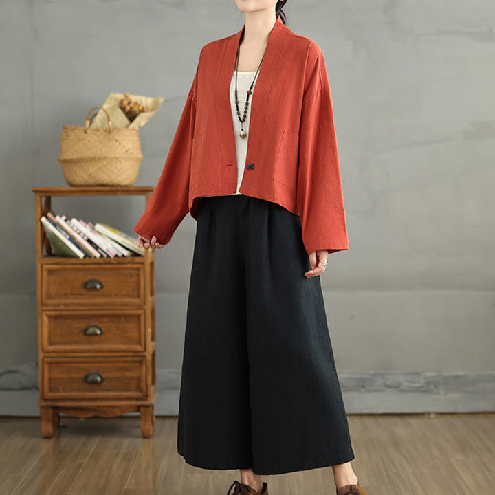 Buddha Stones Casual Vintage Plain Long Sleeve Open Front Cardigan Cotton Linen Jacket With Pockets - image 12