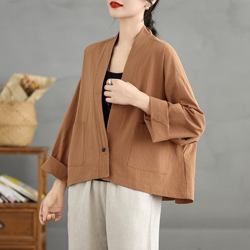 Buddha Stones Casual Vintage Plain Long Sleeve Open Front Cardigan Cotton Linen Jacket With Pockets - image 4