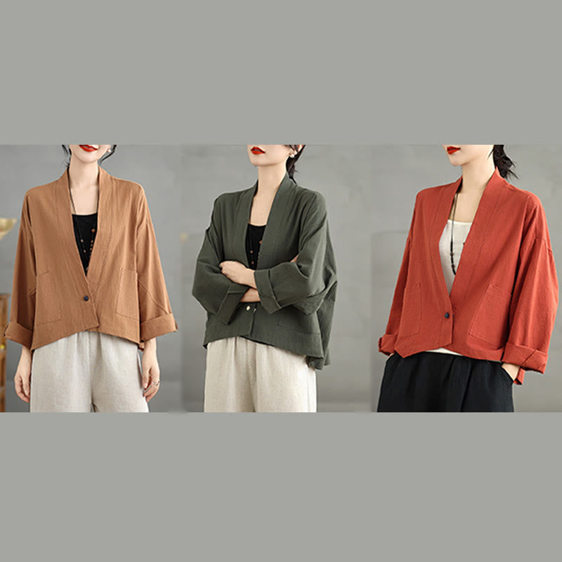Buddha Stones Casual Vintage Plain Long Sleeve Open Front Cardigan Cotton Linen Jacket With Pockets - image 21