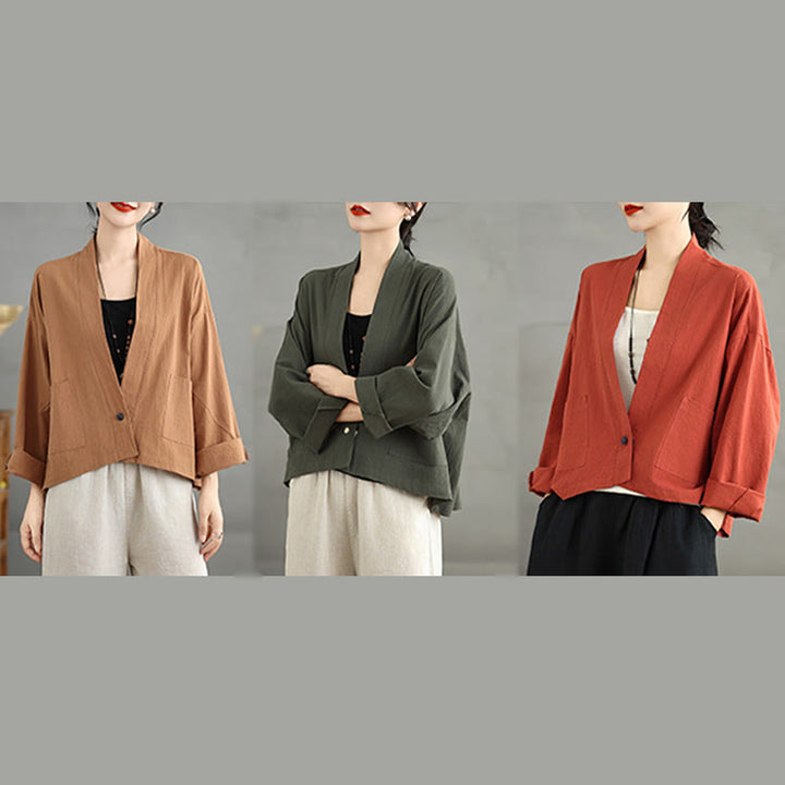 Buddha Stones Casual Vintage Plain Long Sleeve Open Front Cardigan Cotton Linen Jacket With Pockets - image 21