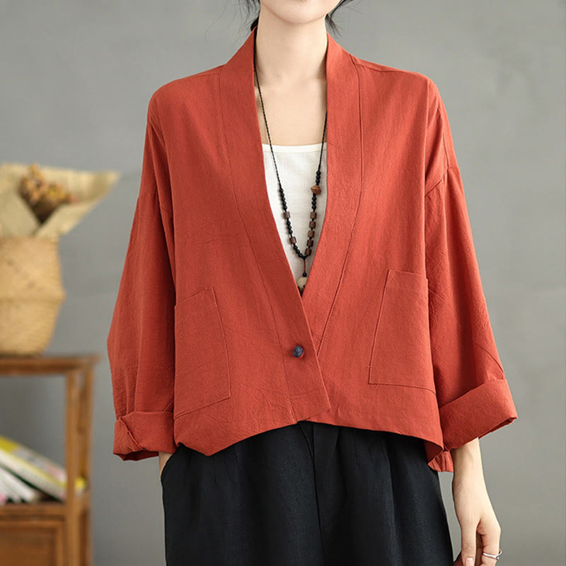 Buddha Stones Casual Vintage Plain Long Sleeve Open Front Cardigan Cotton Linen Jacket With Pockets - image 10