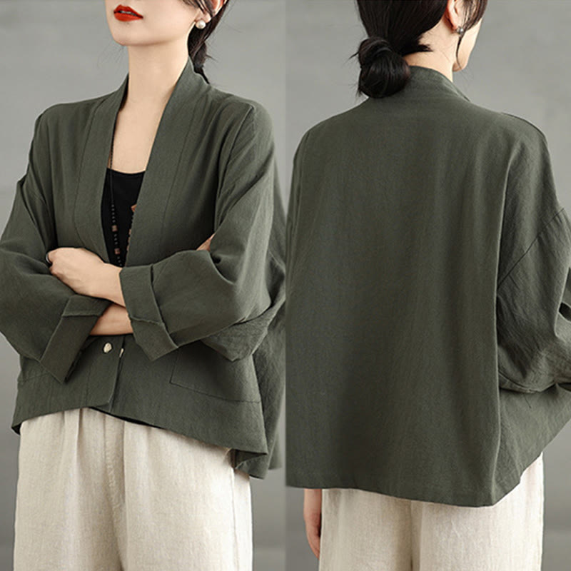 Buddha Stones Casual Vintage Plain Long Sleeve Open Front Cardigan Cotton Linen Jacket With Pockets - image 19