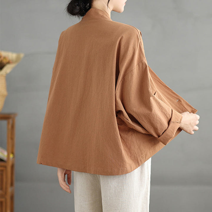 Buddha Stones Casual Vintage Plain Long Sleeve Open Front Cardigan Cotton Linen Jacket With Pockets - image 1