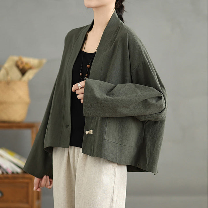 Buddha Stones Casual Vintage Plain Long Sleeve Open Front Cardigan Cotton Linen Jacket With Pockets - image 17