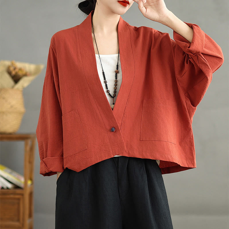 Buddha Stones Casual Vintage Plain Long Sleeve Open Front Cardigan Cotton Linen Jacket With Pockets - image 11