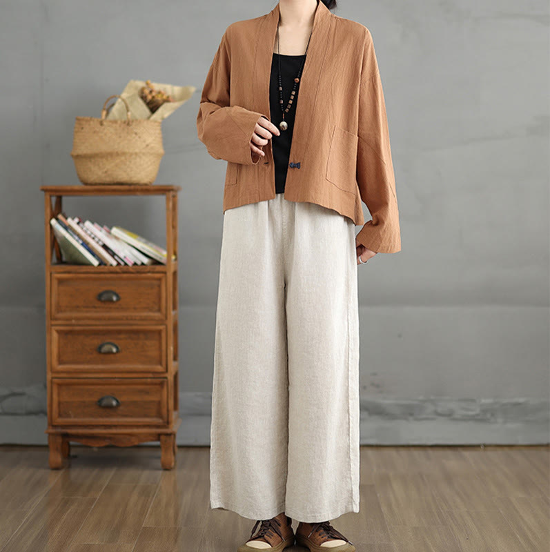 Buddha Stones Casual Vintage Plain Long Sleeve Open Front Cardigan Cotton Linen Jacket With Pockets - image 5