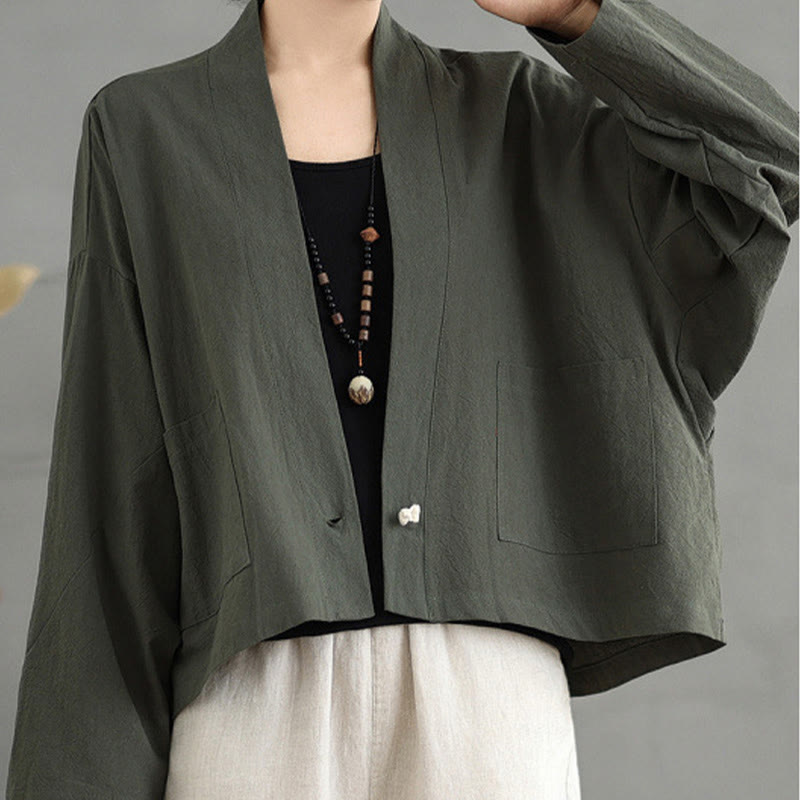 Buddha Stones Casual Vintage Plain Long Sleeve Open Front Cardigan Cotton Linen Jacket With Pockets - DarkOliveGreen - US14，UK/AU18，EU46 (2XL) - image 14