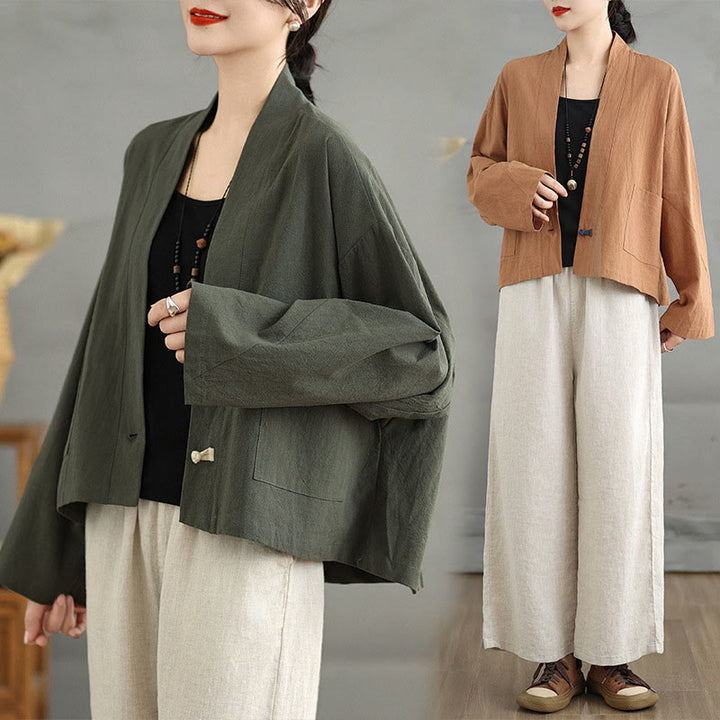 Buddha Stones Casual Vintage Plain Long Sleeve Open Front Cardigan Cotton Linen Jacket With Pockets - image 20