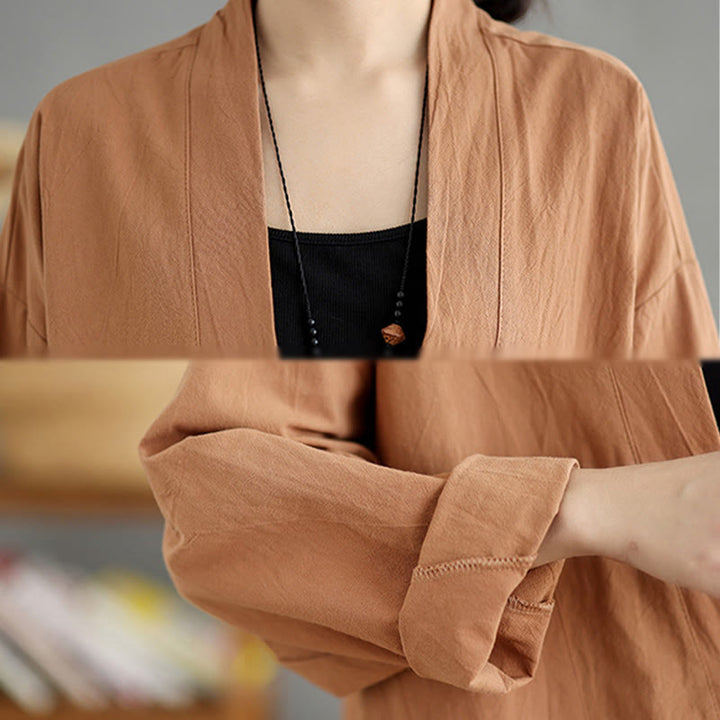 Buddha Stones Casual Vintage Plain Long Sleeve Open Front Cardigan Cotton Linen Jacket With Pockets - image 7