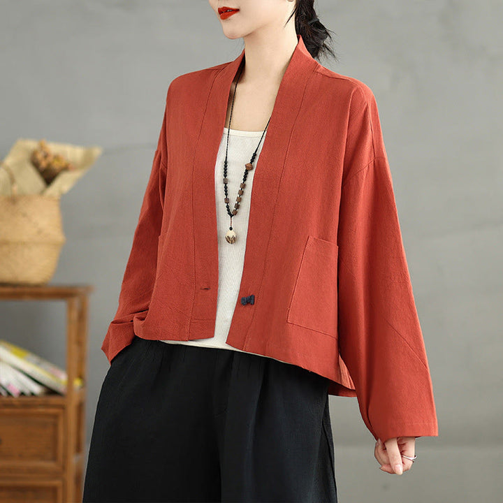 Buddha Stones Casual Vintage Plain Long Sleeve Open Front Cardigan Cotton Linen Jacket With Pockets - OrangeRed - US14，UK/AU18，EU46 (2XL) - image 9