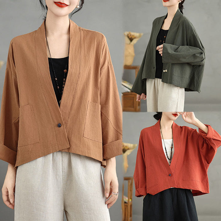 Buddha Stones Casual Vintage Plain Long Sleeve Open Front Cardigan Cotton Linen Jacket With Pockets - image 22