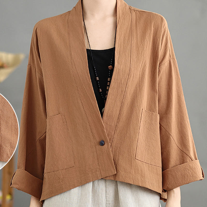 Buddha Stones Casual Vintage Plain Long Sleeve Open Front Cardigan Cotton Linen Jacket With Pockets - image 4