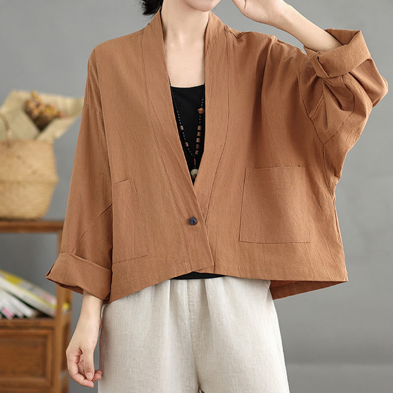 Buddha Stones Casual Vintage Plain Long Sleeve Open Front Cardigan Cotton Linen Jacket With Pockets - image 2
