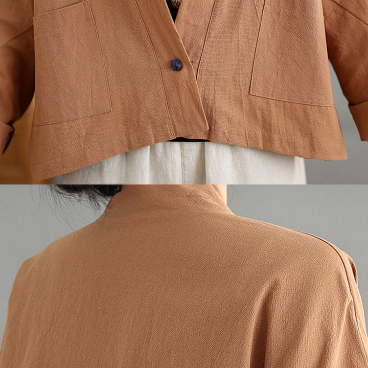 Buddha Stones Casual Vintage Plain Long Sleeve Open Front Cropped Jacket With Pockets - image 7
