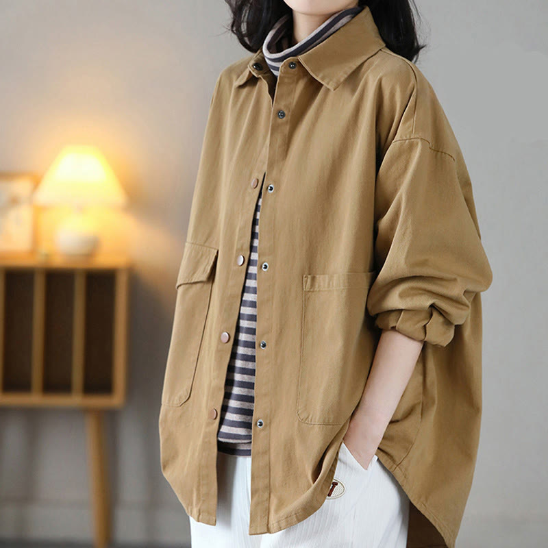 Buddha Stones Vintage Casual Pure Color Lapel Women's Cotton Jacket With Pockets - image 1