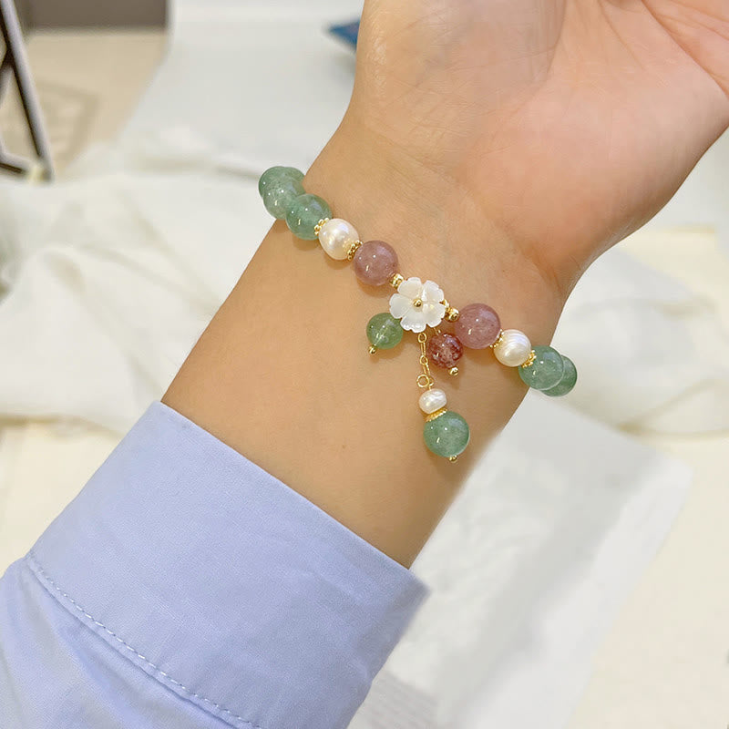 Buddha Stones Green Strawberry Quartz Shell Peach Blossom Soothing Bracelet - image 4
