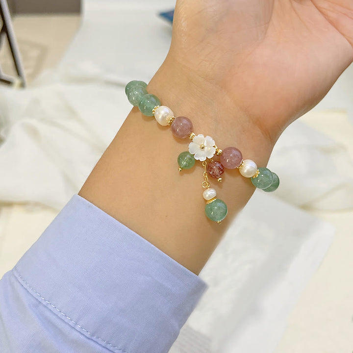 Buddha Stones Green Strawberry Quartz Shell Peach Blossom Soothing Bracelet - image 4