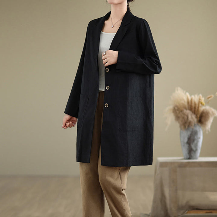 Buddha Stones Casual Fall Buttons Design Lapel Women's Cotton Linen Coat With Pockets - image 3