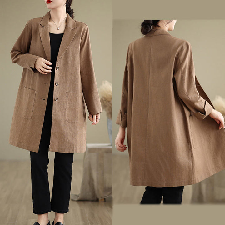 Buddha Stones Casual Fall Buttons Design Lapel Women's Cotton Linen Coat With Pockets - image 14
