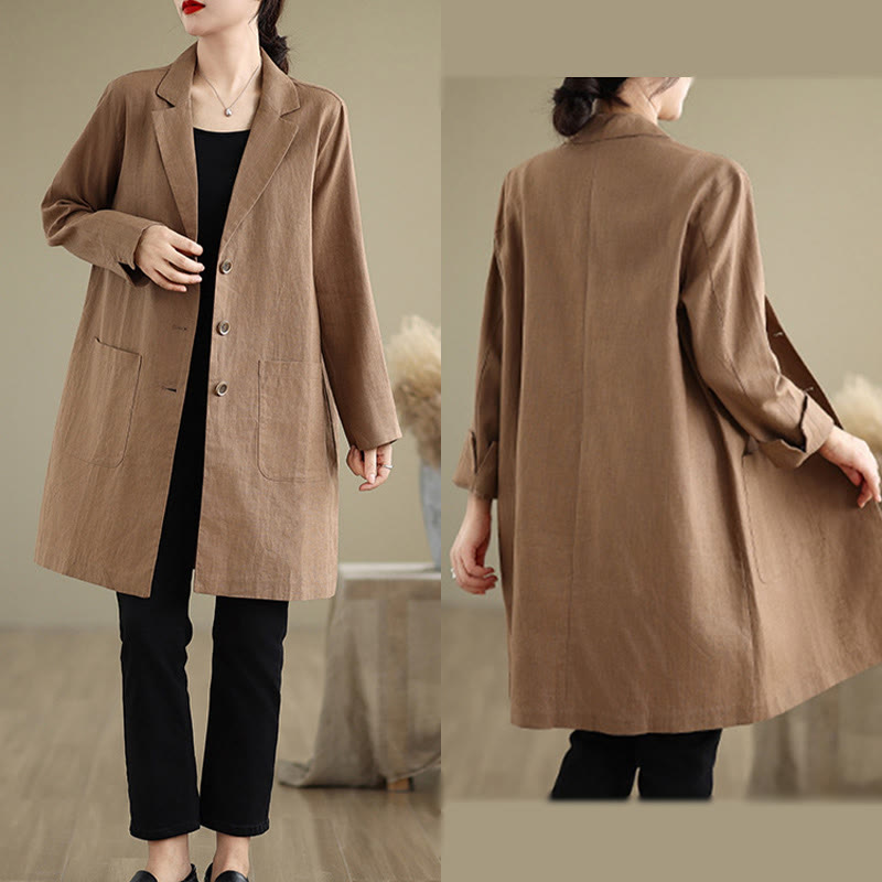 Buddha Stones Casual Fall Buttons Design Lapel Women's Cotton Linen Coat With Pockets - image 15