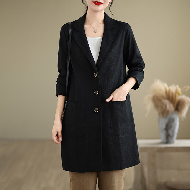 Buddha Stones Casual Fall Buttons Design Lapel Women's Cotton Linen Coat With Pockets - image 2