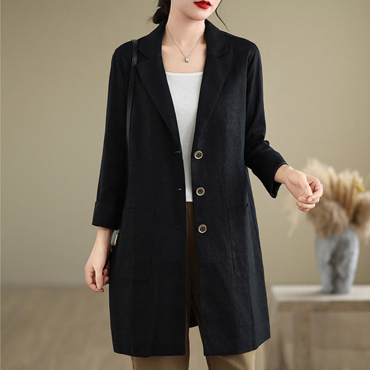 Buddha Stones Casual Fall Buttons Design Lapel Women's Cotton Linen Coat With Pockets - image 4