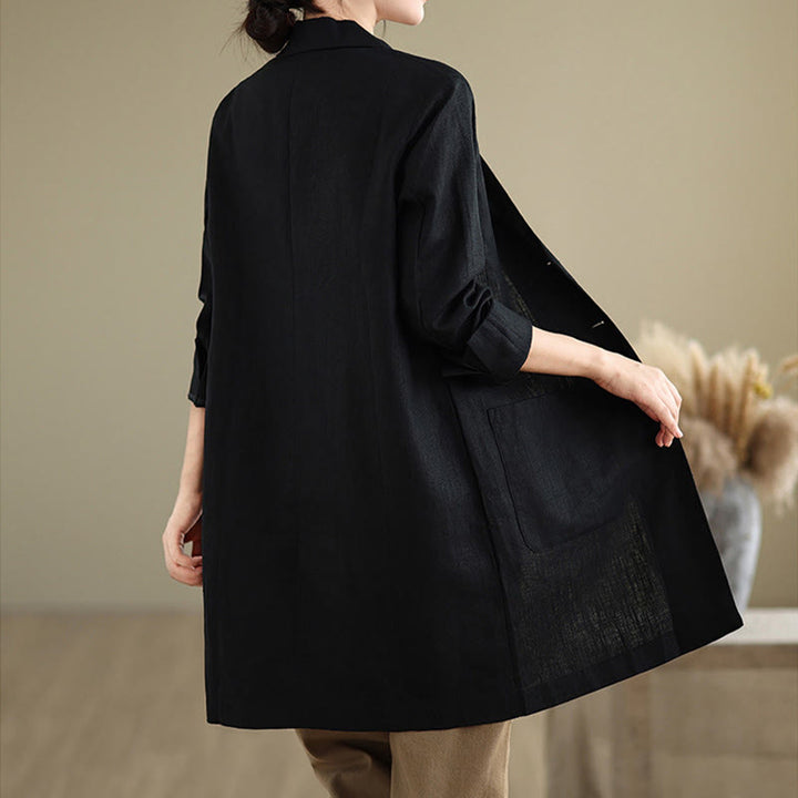 Buddha Stones Casual Fall Buttons Design Lapel Women's Cotton Linen Coat With Pockets - image 5