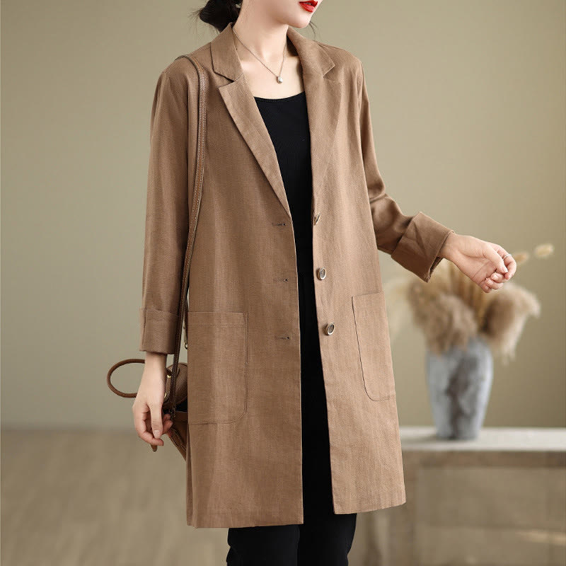 Buddha Stones Casual Fall Buttons Design Lapel Women's Cotton Linen Coat With Pockets - image 7