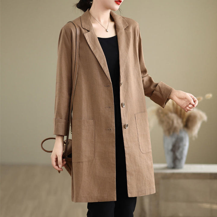 Buddha Stones Casual Fall Buttons Design Lapel Women's Cotton Linen Coat With Pockets - image 7