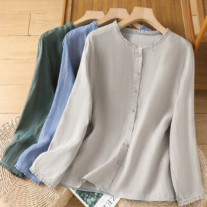 Buddha Stones Spring Solid Color Buttons Design Ruffled Crew Neck Women's Cotton Linen Shirt - image 19