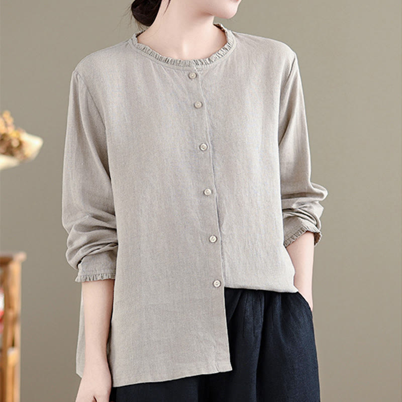 Buddha Stones Spring Solid Color Buttons Design Ruffled Crew Neck Women's Cotton Linen Shirt - image 10