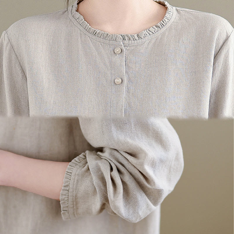 Buddha Stones Spring Solid Color Buttons Design Ruffled Crew Neck Women's Cotton Linen Shirt - image 15