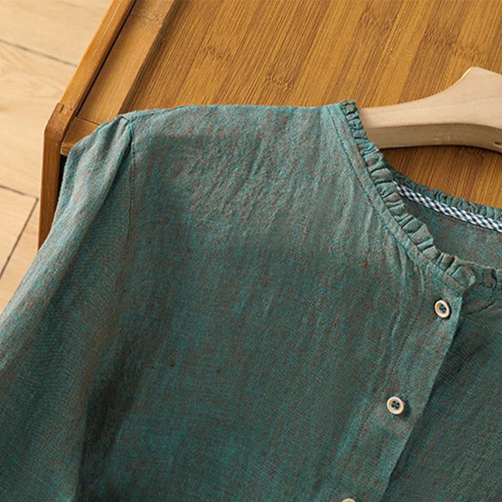 Buddha Stones Spring Solid Color Buttons Design Ruffled Crew Neck Women's Cotton Linen Shirt - image 2