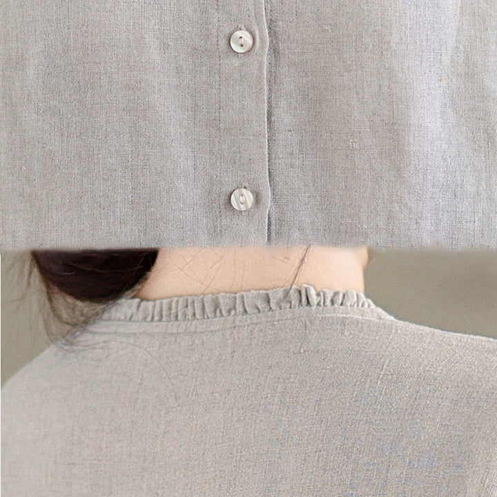 Buddha Stones Spring Solid Color Buttons Design Ruffled Crew Neck Women's Cotton Linen Shirt - image 14